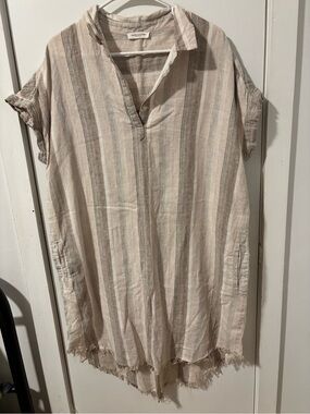 beachlunchlounge Beige and Taupe Striped Linen Tunic